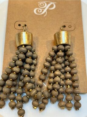 Plunder Taupe Beaded Tassel Earrings with Gold Accents